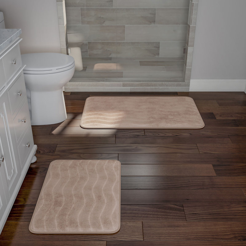 2 Piece Bathroom Rug Set - 32x20 Inch and 23x17 Inch Memory Foam Bath Mats with Textured Wave Print for Stylish Bathroom Decor - Bath Rugs Non Slip Washable Bathmats (Taupe)