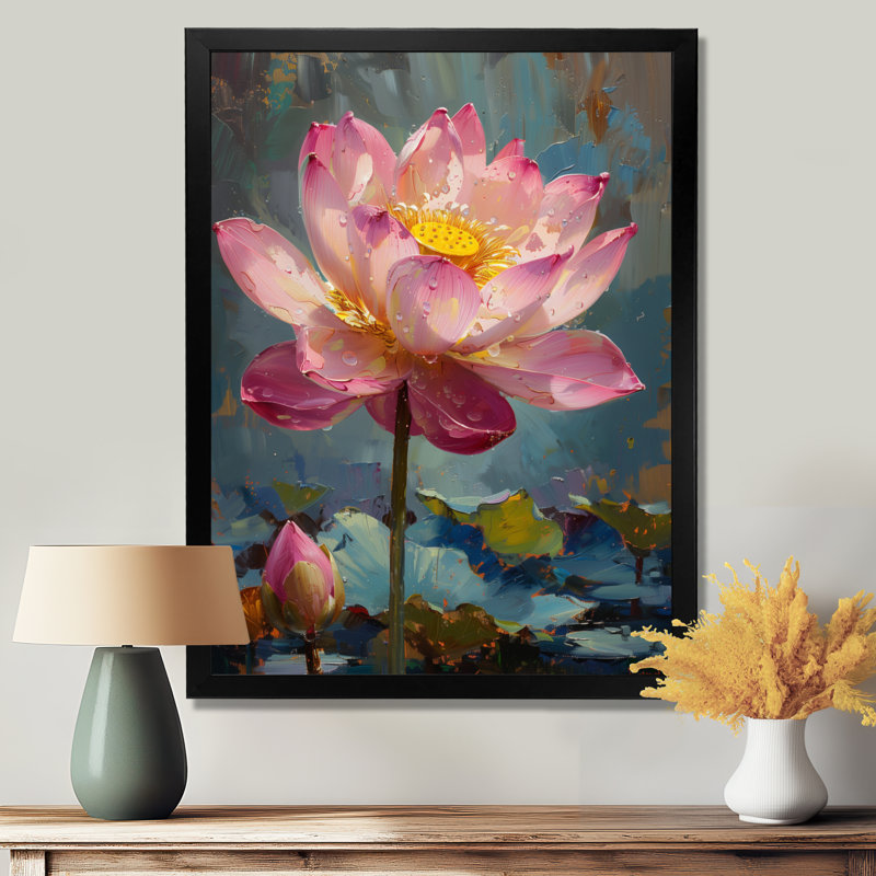 Décoration de lotus rose et gris - étang de lotus, H 12 po x l 20 po, Cadre simple noir