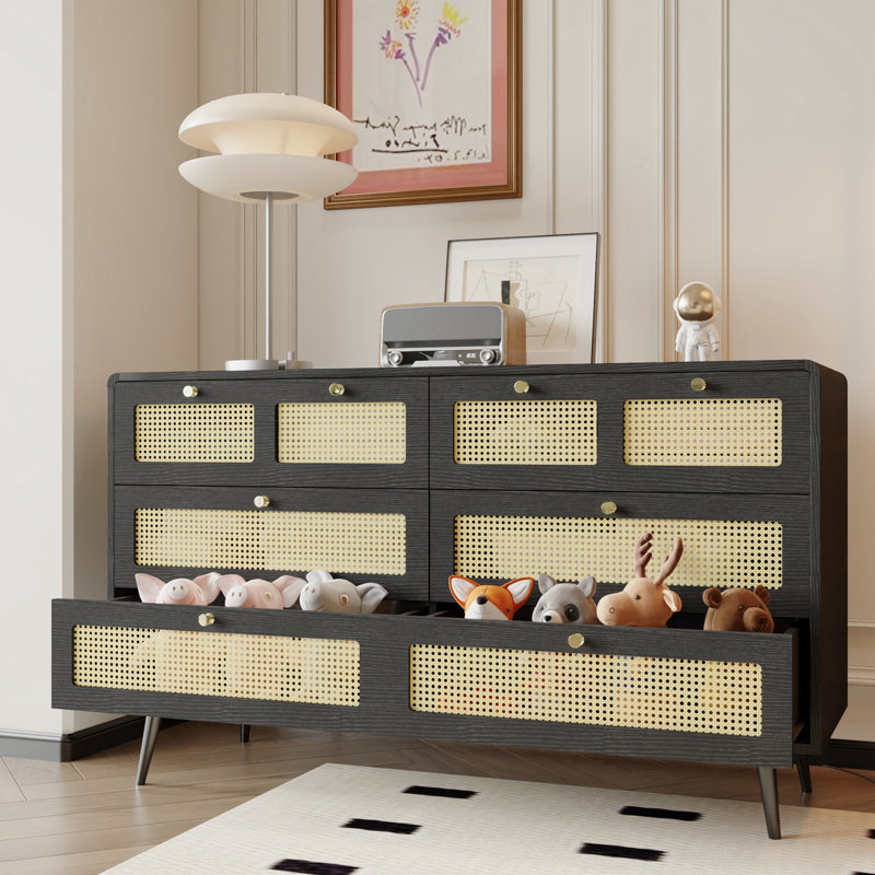 Commode décorative avec 6 tiroirs, pieds en bois et poignées en métal