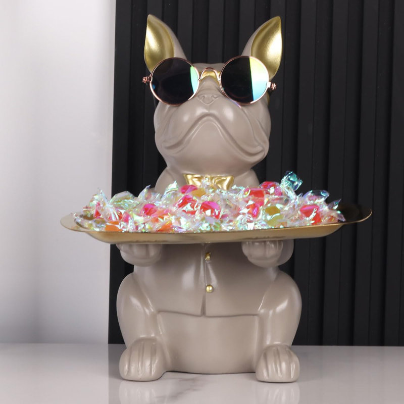 Statue plateau de bouledogue en résine grise