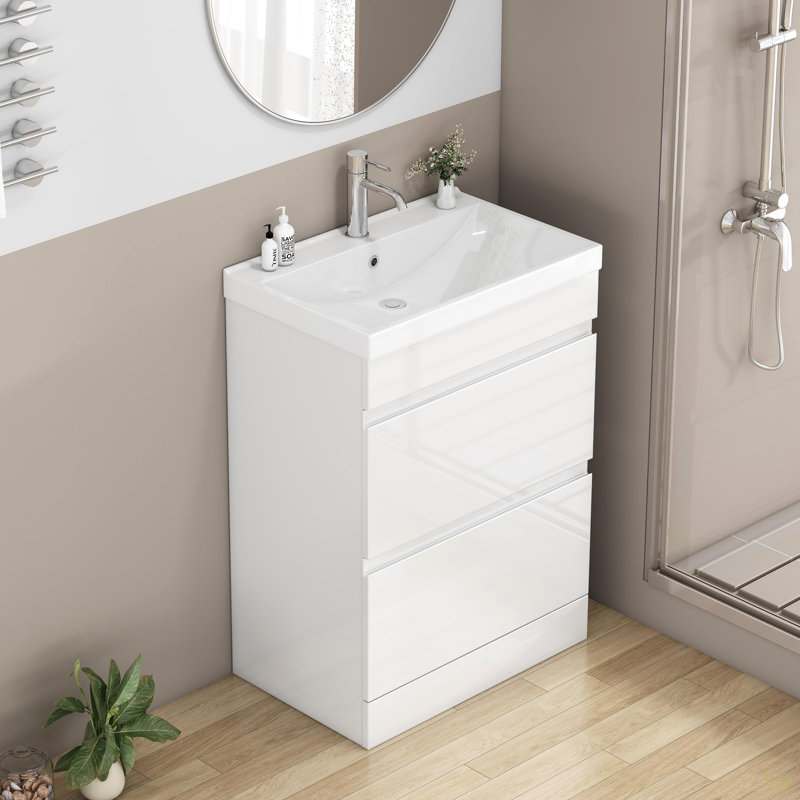 Ensemble de meuble-lavabo 24 po avec lavabo, meuble-lavabo à 2 tiroirs, armoire de salle de bain autoportante à assemblage rapide, système de fermeture en douceur, cuve en céramique à rebords épais unique, conception sans poignée