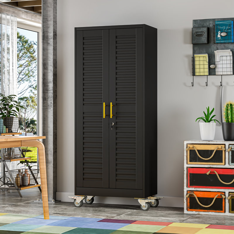 71" H Metal Garage Storage Cabinet with Wheels and Adjustable Shelves, 71"H Black