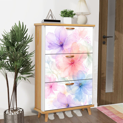 Shoe Storage Cabinet with 3 Flip Drawers for Delicate Watercolor Floral Pastel Blooms Shoe Rack Storage Organizer