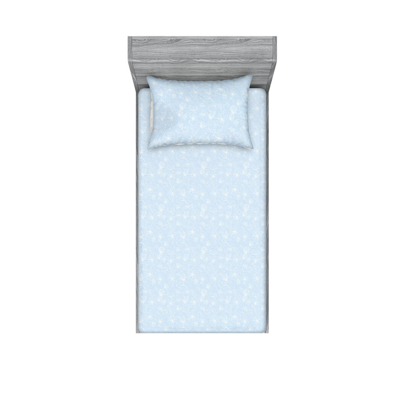 Ambesonne Fitted Sheet & Shams, Soft Blue/White Flower, Twin Sheet Set with 1 Pillowcase