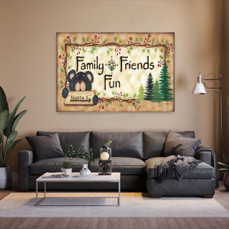 Famille, amis, amusant, contemporain, pin, ours, paysage, art naturel, H 40 po x l 60 po