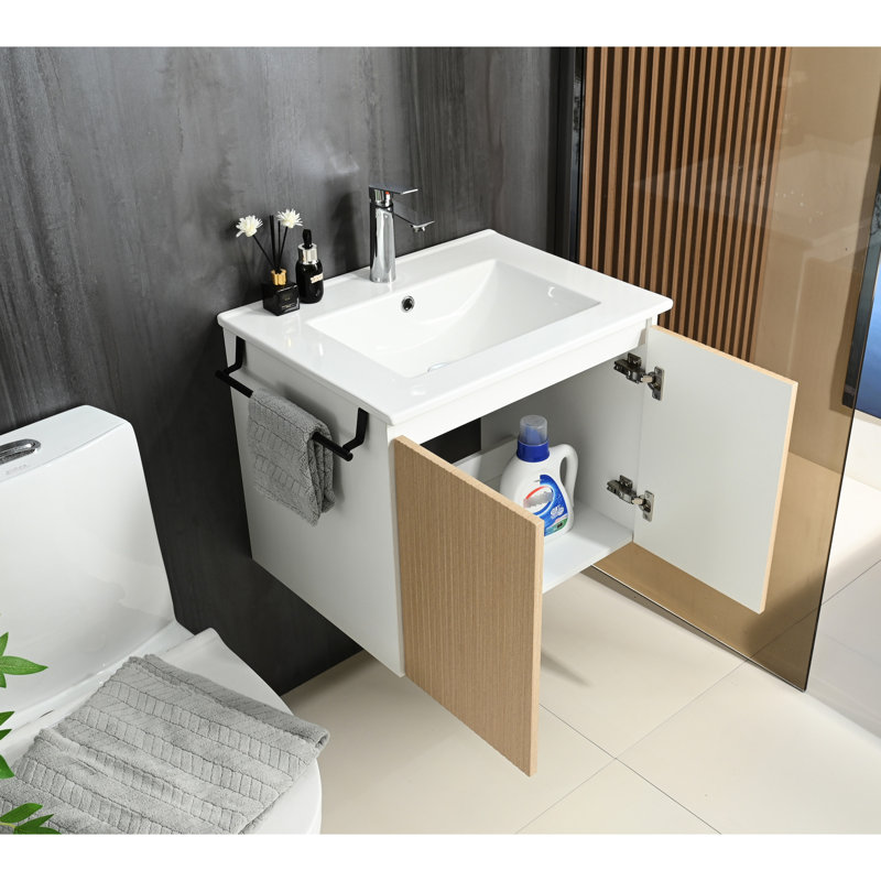 Meuble-lavabo 24 po avec lavabo, armoire flottante et porte-serviettes en acier inoxydable - Quincaillerie robuste, charnières, évier d'armoire de conception moderne, porte, charnières tampons