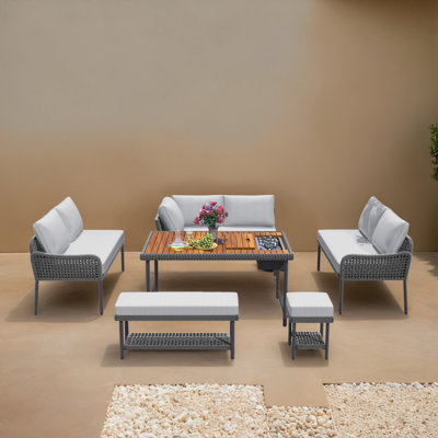 6 Piece Rattan Patio Furniture Set Wicker Sectional Seating Group Set with Dining Table