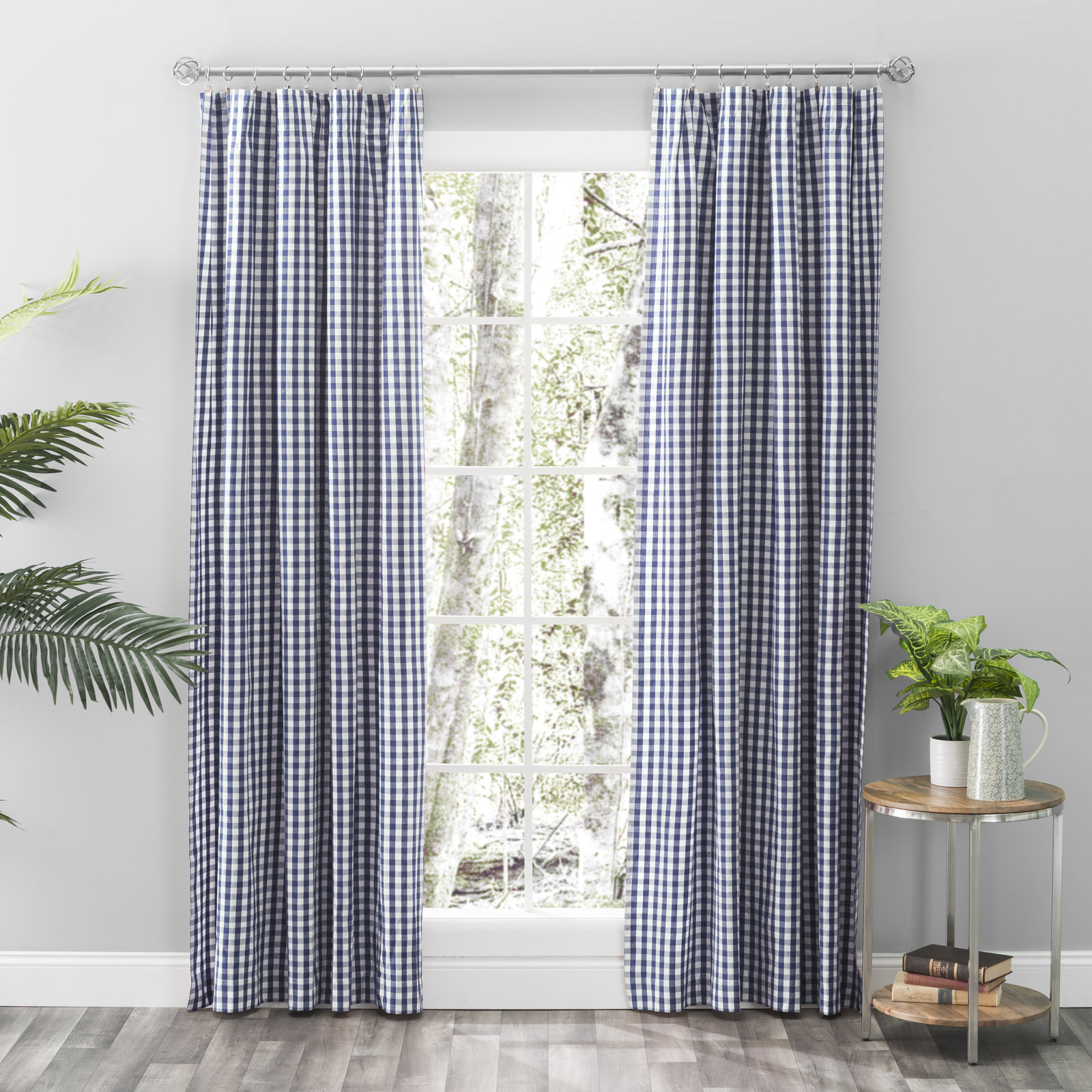 Alula Plaid Room Darkening Cotton Curtain Set, 50" W x 63" L, Navy Blue