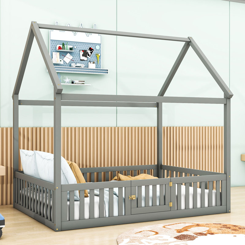 Full Wood House Bed with Fence, Gray