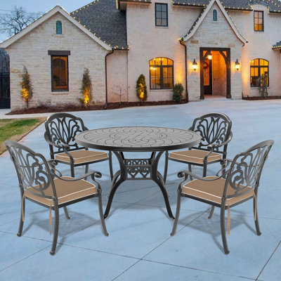 5-Piece Set Of Cast Aluminum Patio Furniture With Brown Cushions