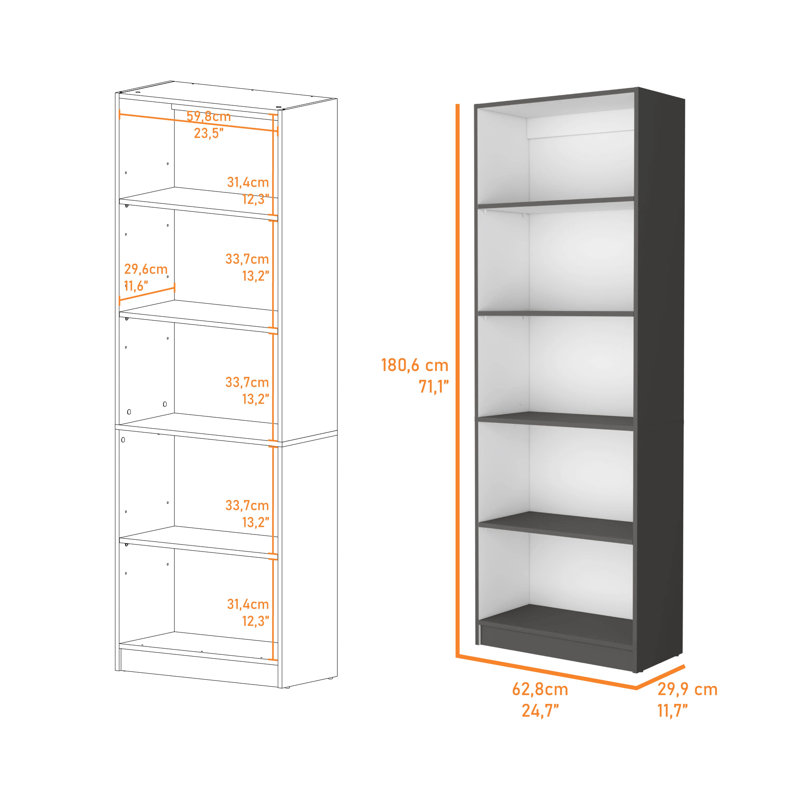 Bibliothèque à 5 tablettes en gris mat et blanc - Rangement polyvalent pour un usage quotidien pratique, Gris / Blanc