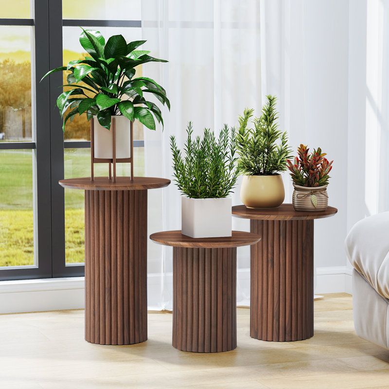 Ensemble de 3 tables basses gigognes rondes, Brun