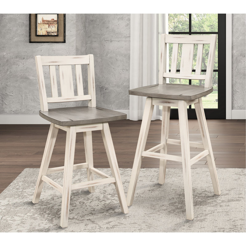 2 chaises pivotantes blanches et grises à hauteur de comptoir, fabrication en bois d'hévéa massif (de 2), bois, dossier à lattes vertical rustique pour la cuisine