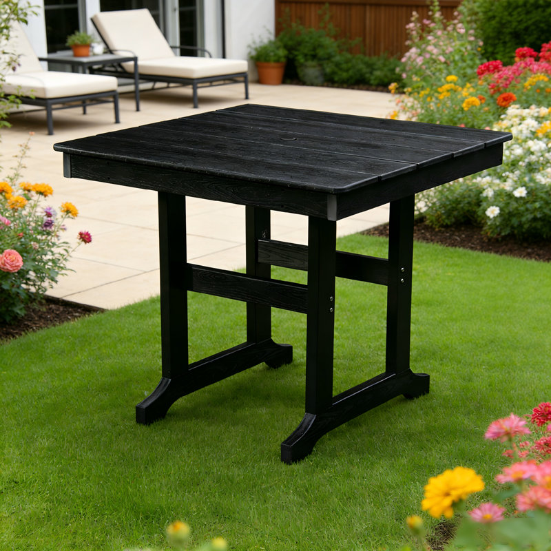 Table de salle à manger d'extérieur en PEHD noire carrée avec trou pour parasol - Table résistante aux intempéries pour cour et pelouse | Idée de cadeau