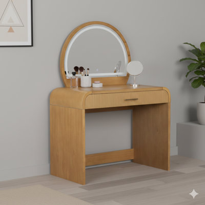 39-Inch Makeup Vanity Table With A Touch Screen Lighted Mirror. A Dressing Table With A Drawer For Bedroom Use, In A Natural Finish.