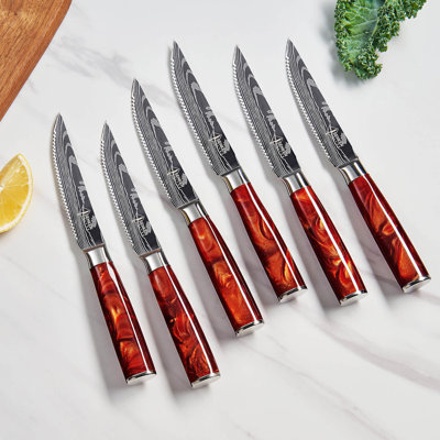 Senken Knives 'Crimson' 6-Piece Professional Steak Knife Set With Red Resin Handles And Damascus Pattern Balde - High Carbon Stainless Steel, Gift Box -  CrimsonSteak_6