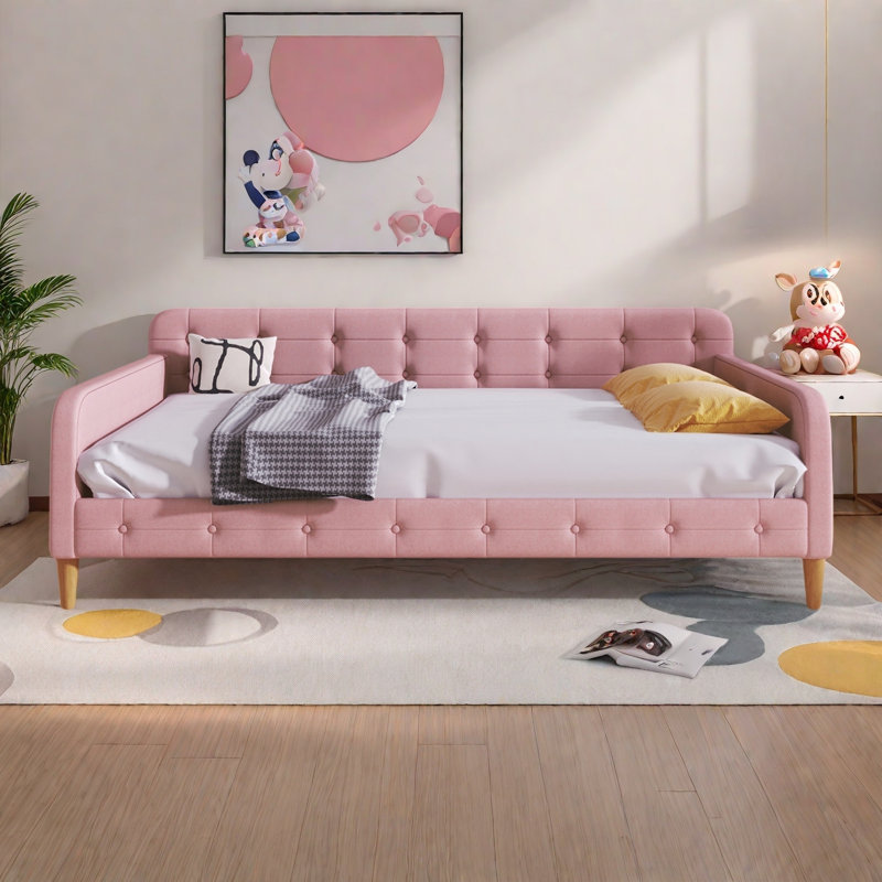Lit de jour moderne rembourré avec 4 pieds de soutien et capitonnage à boutons, Rose