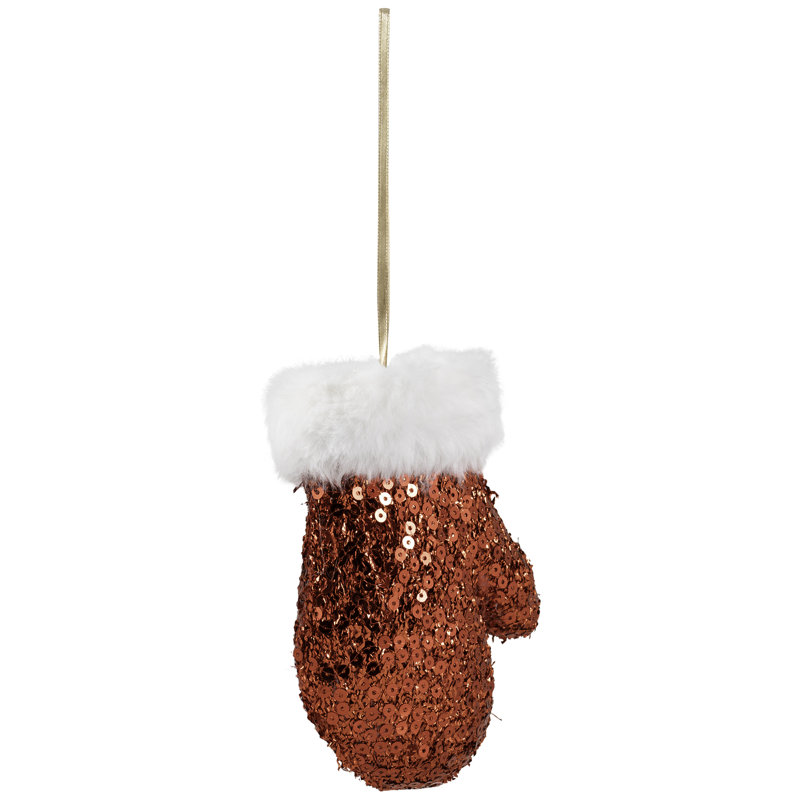 Sequined Winter Mitten With Plush Trim Christmas Ornament - 6" - Red