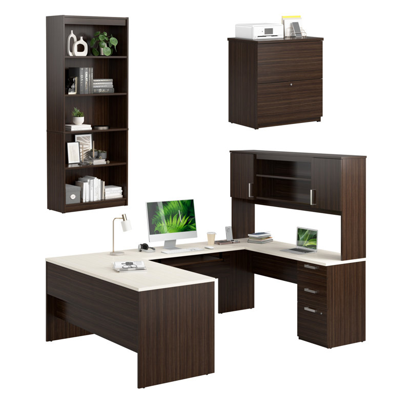 65-inch U Shaped Desk with Hutch, File Cabinet, and Bookcase in White Chocolate, Dark Chocolate / White Chocolate