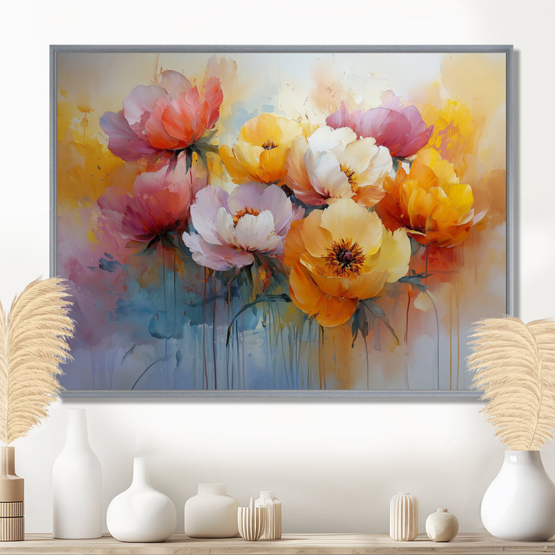«Summer Peony Vibrant Garden II» - reproduction d'art sur toile encadrée, H 30 po x l 40 po, Encadrement argenté