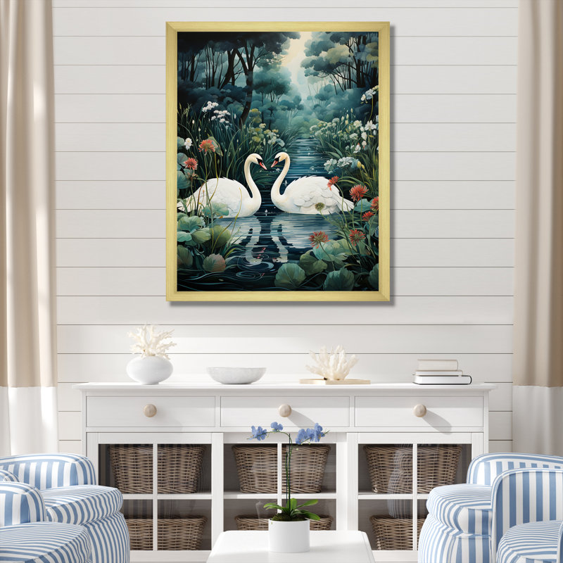 Cygnes, amour éternel, art mural sur toile, Cadre flottant noir, H 32 po x l 24 po
