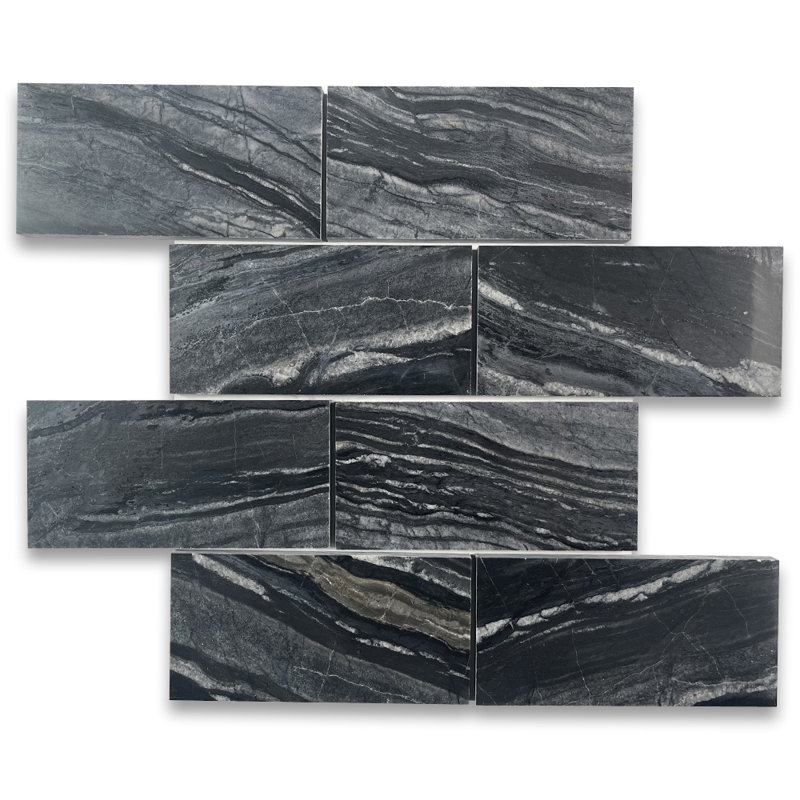 Silver Wave Black Forest Marble 3 in. x 6 in. Marble Tile