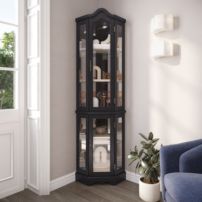 Vitrine lumineuse vitrée Agaran avec portes et tablettes en verre trempé, armoire de coin en bois courbé avec ampoule