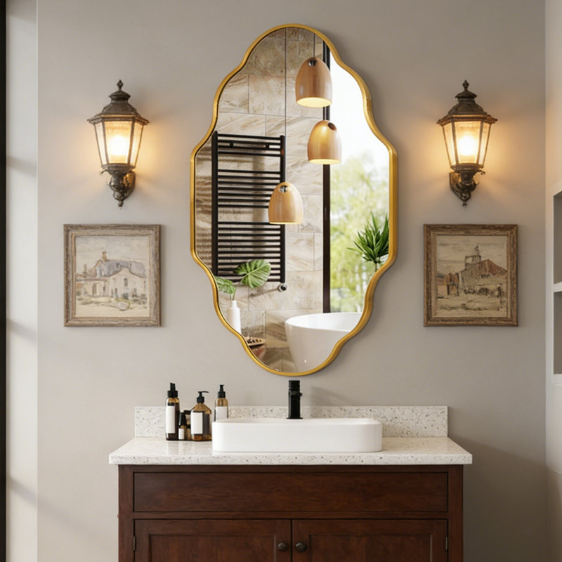 Miroir mural ovale avec cadre en aluminium, verre trempé HD, décor mosaïque, suspension verticale / horizontale, résistant aux chocs pour meuble-lavabo, salon et entrée