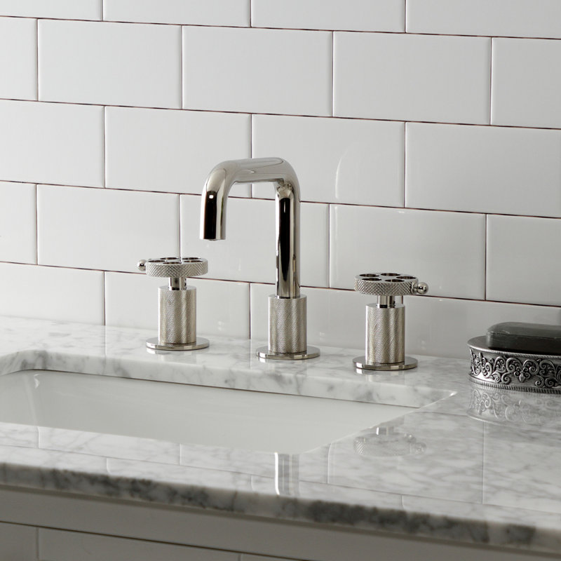 Kingston Brass Webb Two-Handle 3-Hole Deck Mount Widespread Bathroom Faucet with Knurled Handle and Push Pop-Up Drain
