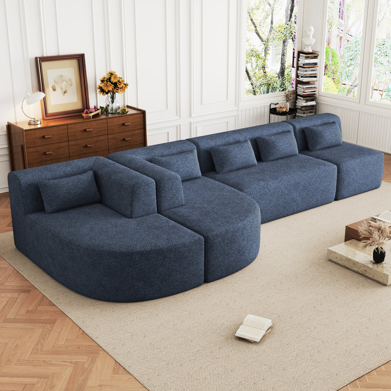 Canapé rembourré de 144 po avec deux chaises longues incurvées et un support à ressorts ensachés, siège bleu confortable exceptionnel
