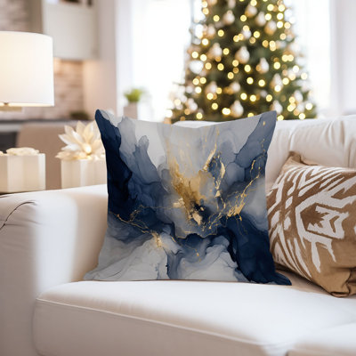 Housse de coussin abstraite Abstract Fluid Symphony - bleu marine, ardoise et marbre doré