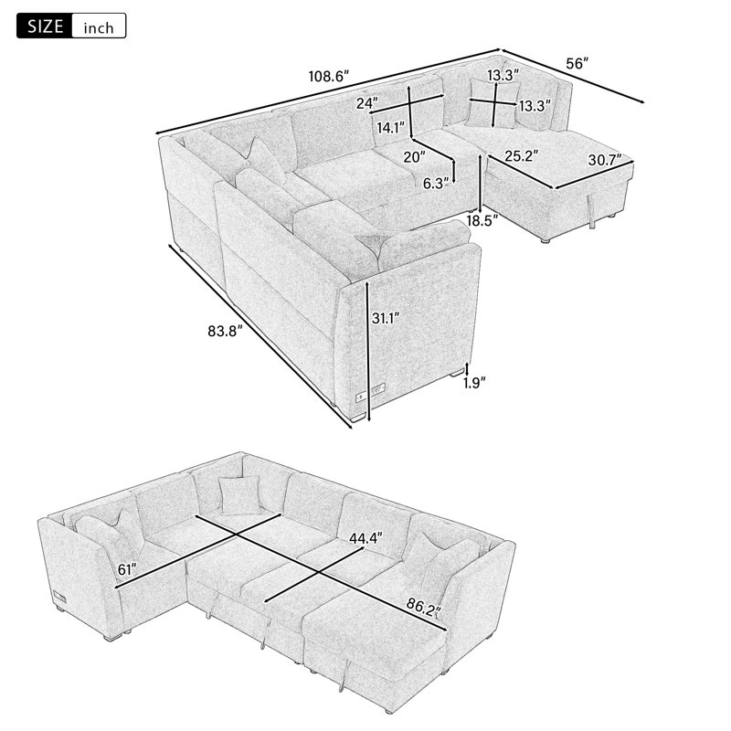 Canapé-lit modulaire escamotable en forme de U de 109 po avec ports USB, Chenille gris pâle