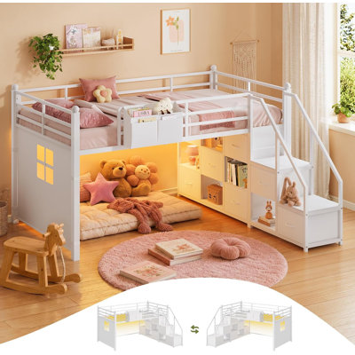 Lit mezzanine simple simple avec escalier, 7 tiroirs de rangement et 5 tablettes ouvertes, lit mezzanine simple avec lumières DEL, lit mezzanine en métal avec garde-corps de sécurité et espace de jeu sous le lit, blanc