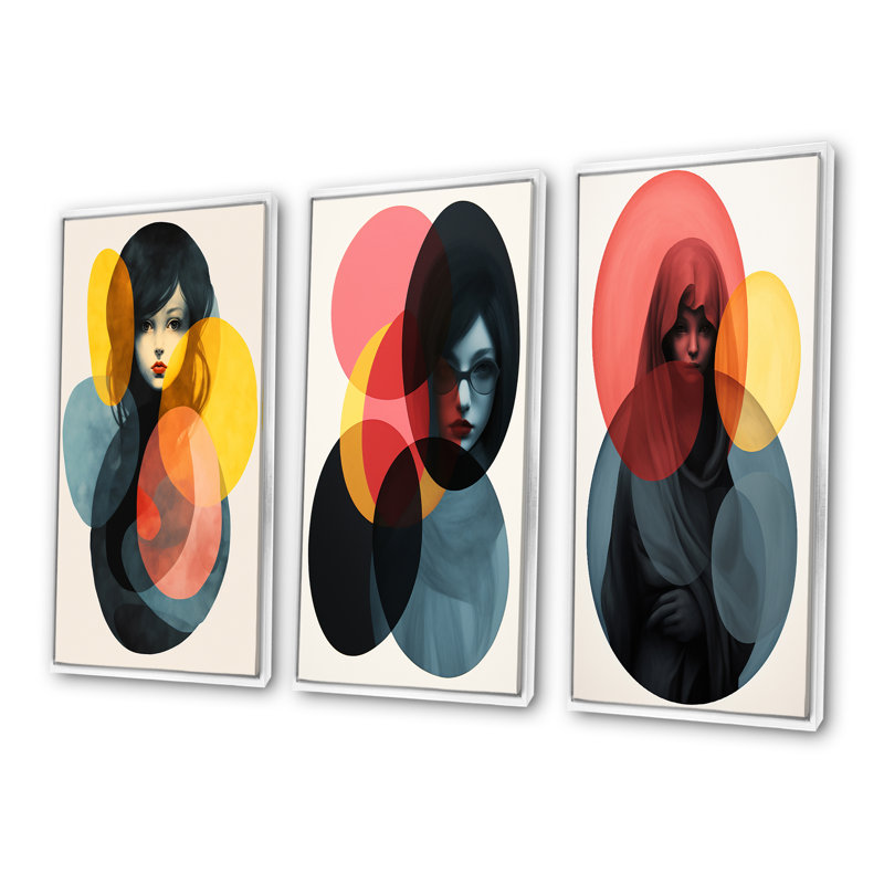 «Geometric Fusion Forms Woman Collage I», ensemble de 3 reproductions d'art sur toile, Cadre flottant blanc