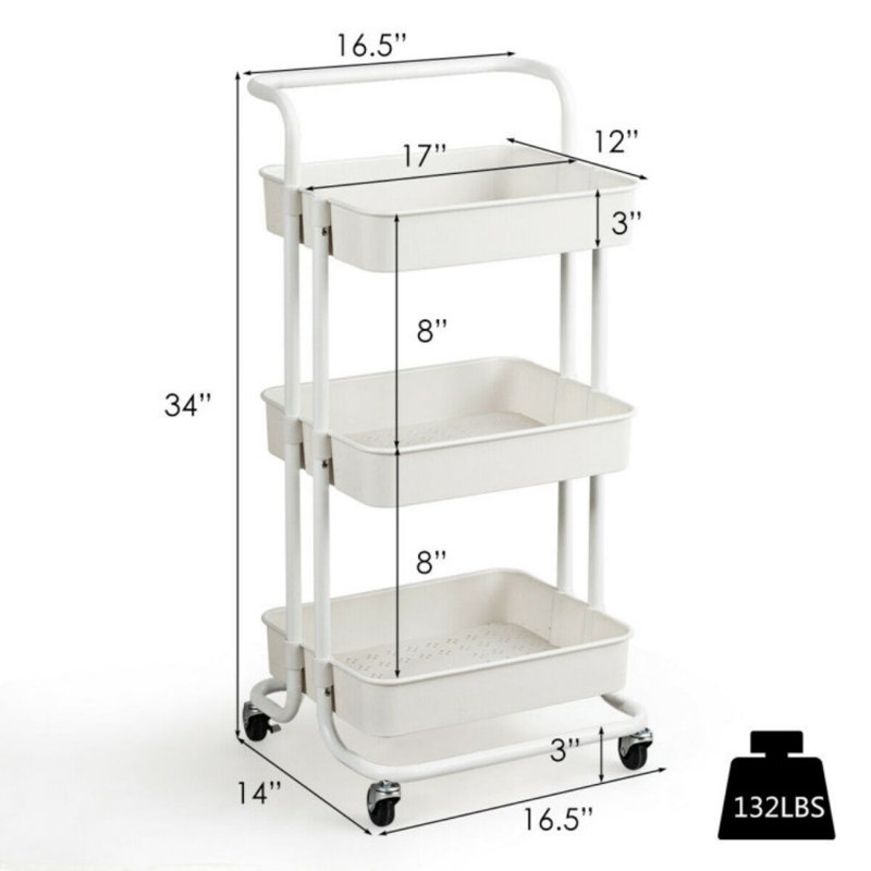 White 3-Tier Metal and ABS Rolling Utility Cart