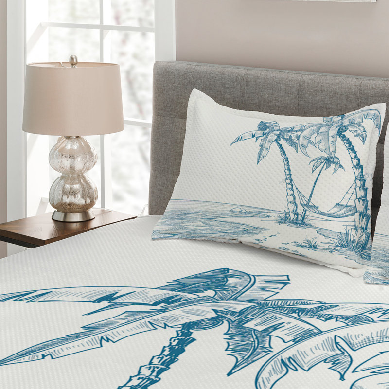 King White Microfiber Quilted Bedspread Set with Palm Tree Design