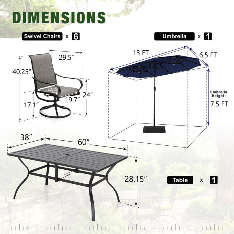 Ensemble de salle à manger de patio en métal pour 6 personnes avec table rectangulaire Alyah, Bleu