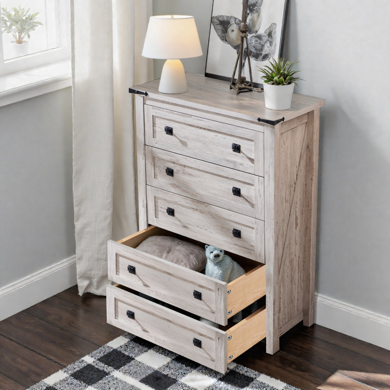 Commode en bois Farmhouse - 5 tiroirs, rangement polyvalent, Blanc antique