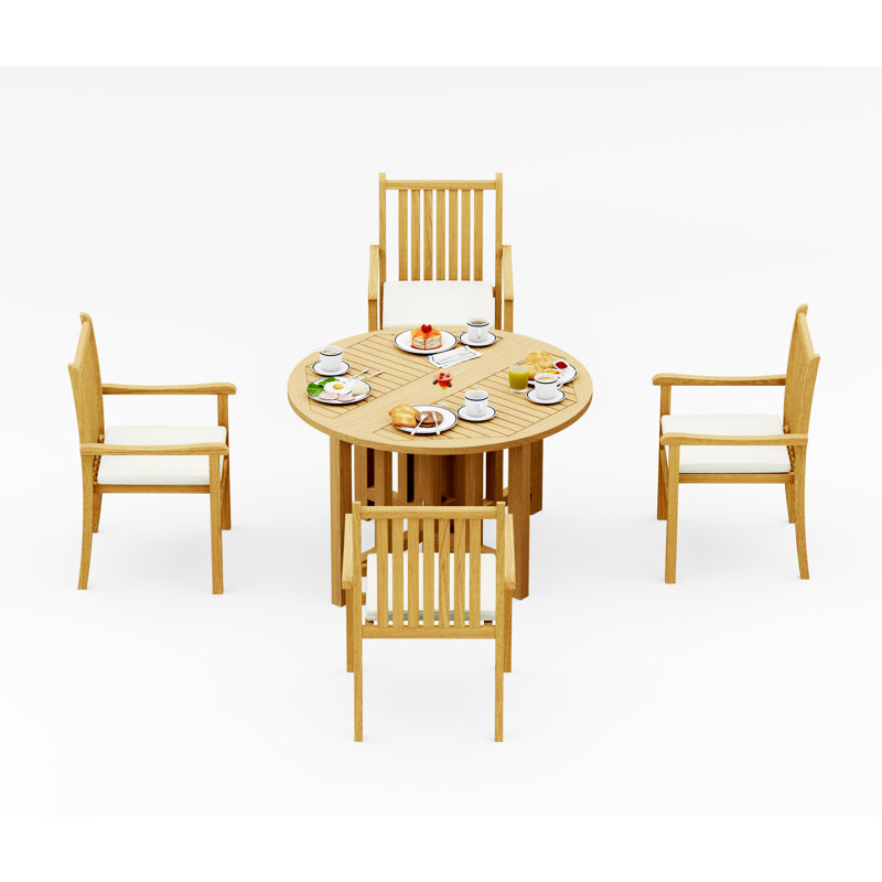 3 Seats 4 Pcs Grade-A Teak Wood Dining Set: 48" Round Butterfly Table And 3 Cahyo Stacking Arm Chairs #11CH0903, 4