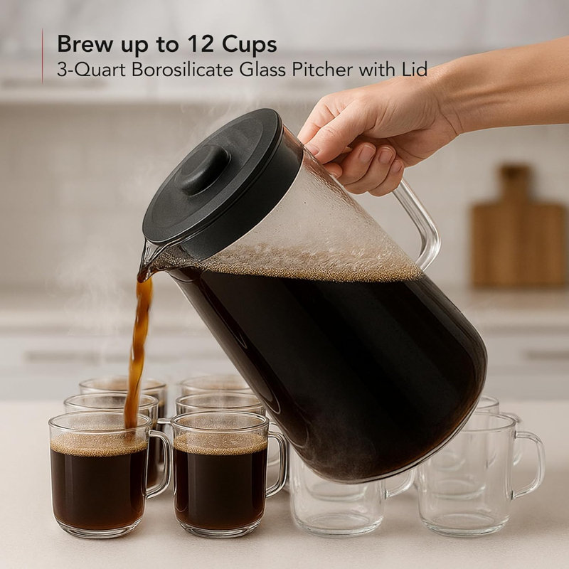 OVENTE Iced Tea Maker and Iced Coffee Maker with 3QT Pitcher, Sliding Brew Strength Selector for Taste Customization and Reusable Filter, Ideal for Lemonade, Latte and Flavored Water, Black CMT215B