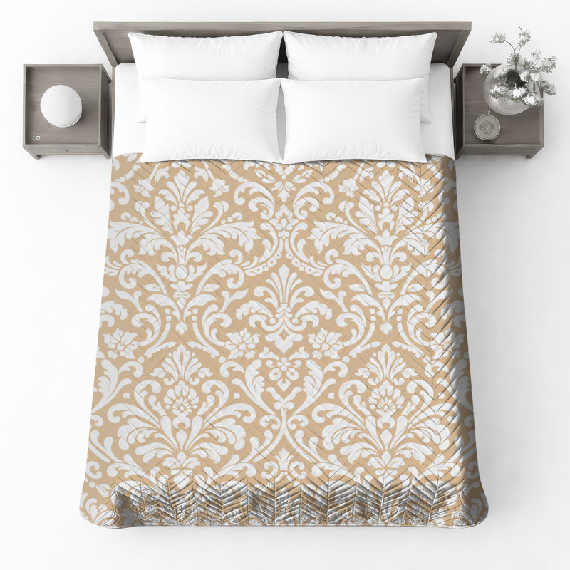 Beige White Damask Quilted Thin Bedspread, Full / Double