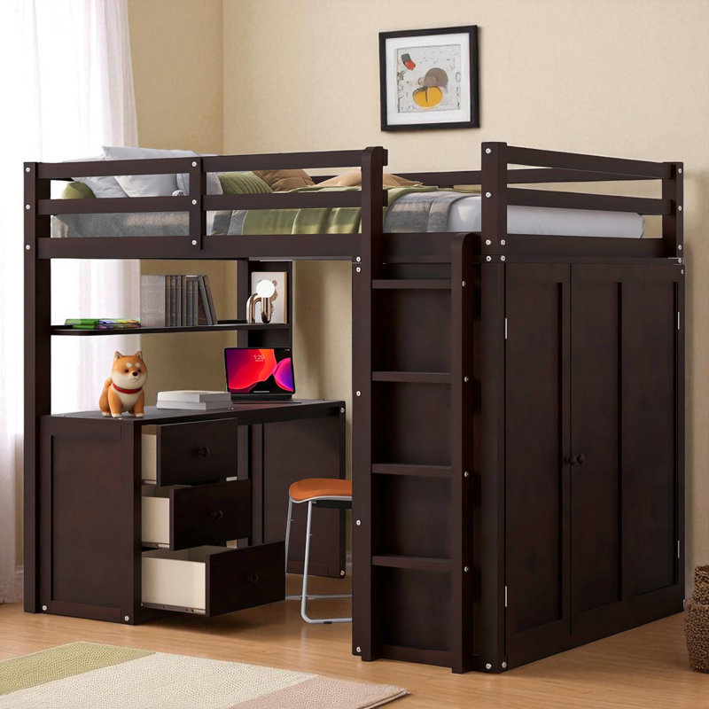Lit mezzanine avec bureau intégré et garde-robe, Double, Espresso