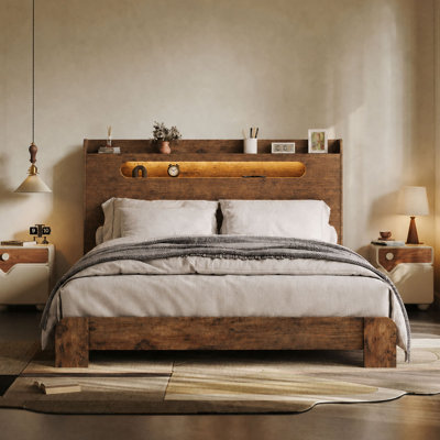 Très grand lit double très grand King Boho avec 2 prises USB et lumière RVB Mid-Century