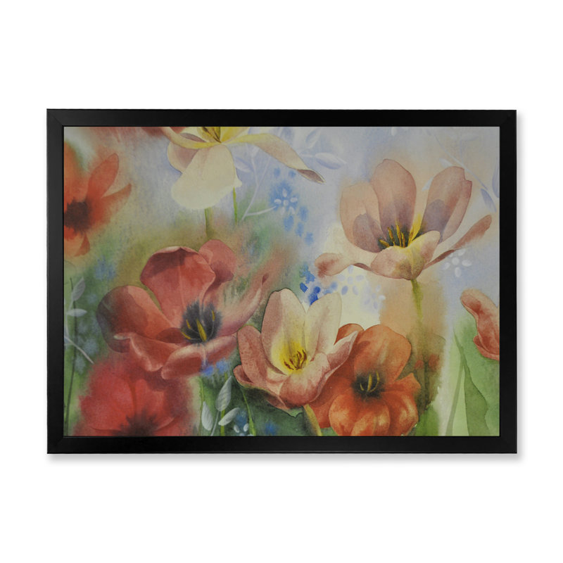 Fleurs rétro dans des couleurs pastel foncées - peinture sur toile, H 12 po x l 20 po x p 1 po, Cadre photo noir