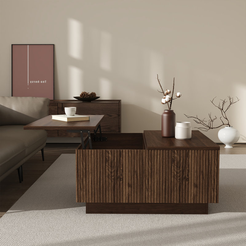 31-Inch Farmhouse Lift Top Square Coffee Center Table With Hidden Storage Compartment And Fluted Wood Board For Living Room, Apartment, Small Space