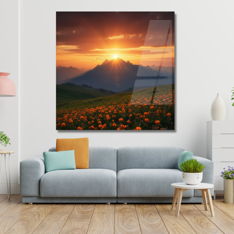 Tableau mural en verre trempé au coucher du soleil sur la montagne, H 24 po x l 24 po