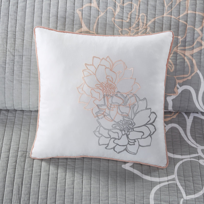 Gray and Peach Floral Reversible Cotton Full Quilt Set