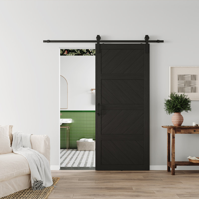 Conception de porte de grange coulissante noire - 4 panneaux de bois de bricolage noirs pré-finis avec trousse de quincaillerie d'installation