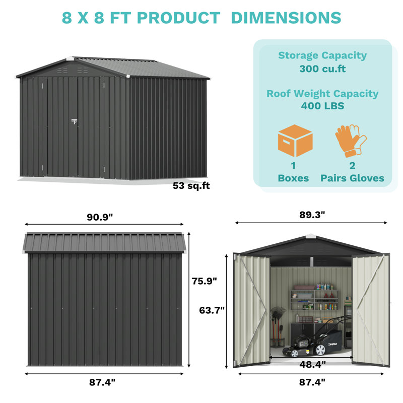 8 X 8 Ft Outdoor Storage Shed With Double Hinged Large Door Utility Garden Shed With Lockable Door & Sloped Roof Metal Closet Organizers And Storage Outdoor Storage For Garden, Backyard, Patio And Backyard, Black
