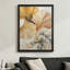 Abstrait moderne avec feuilles de ginkgo doré et pêche avec une fleur, style peinture à l'huile Impasto. Toile encadrée 24 "x 36" avec cadre en bois noir
